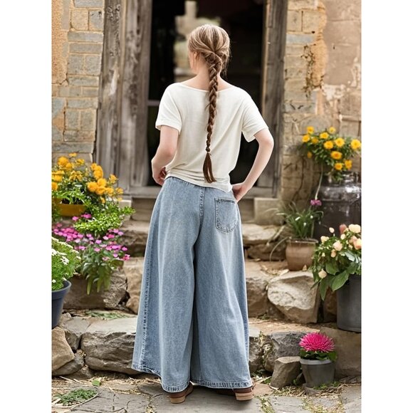 Women's Plus Size Baggy Denim Jeans Wide Leg Elastic Waist Pockets Casual - Picture 4 of 7